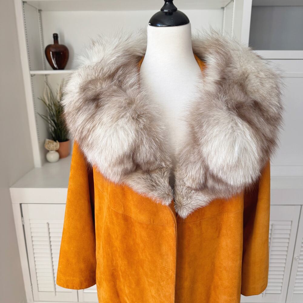 Vintage Rust Burnt Orange Suede Leather Fur Collar Trench Jacket Size M